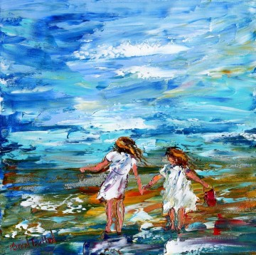  girls Painting - little girls on beach by knife